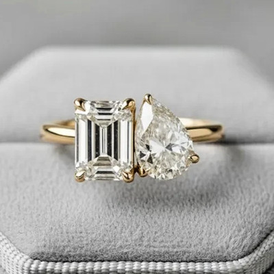Toi et Moi Engagement Ring 4Ct Emerald & Pear Cut Moissanite14K Yellow Gold Fn.