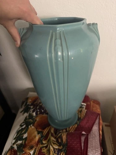 Rare 1930s Roseville Art Deco Turquoise Vase w/ Original Diamond Foil Label