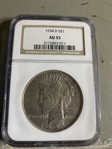 1934 D Au 55 NGC Graded Peace Silver Dollar