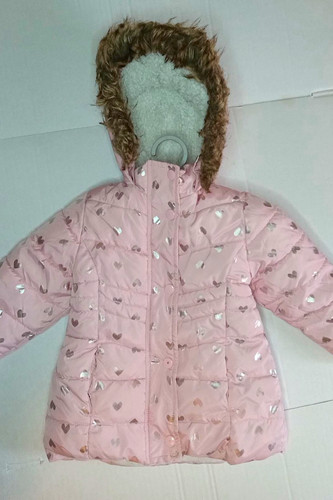 H&M Girls 2T Pink Heart Puffer Jacket Hooded Faux Fur Trim Full Zip