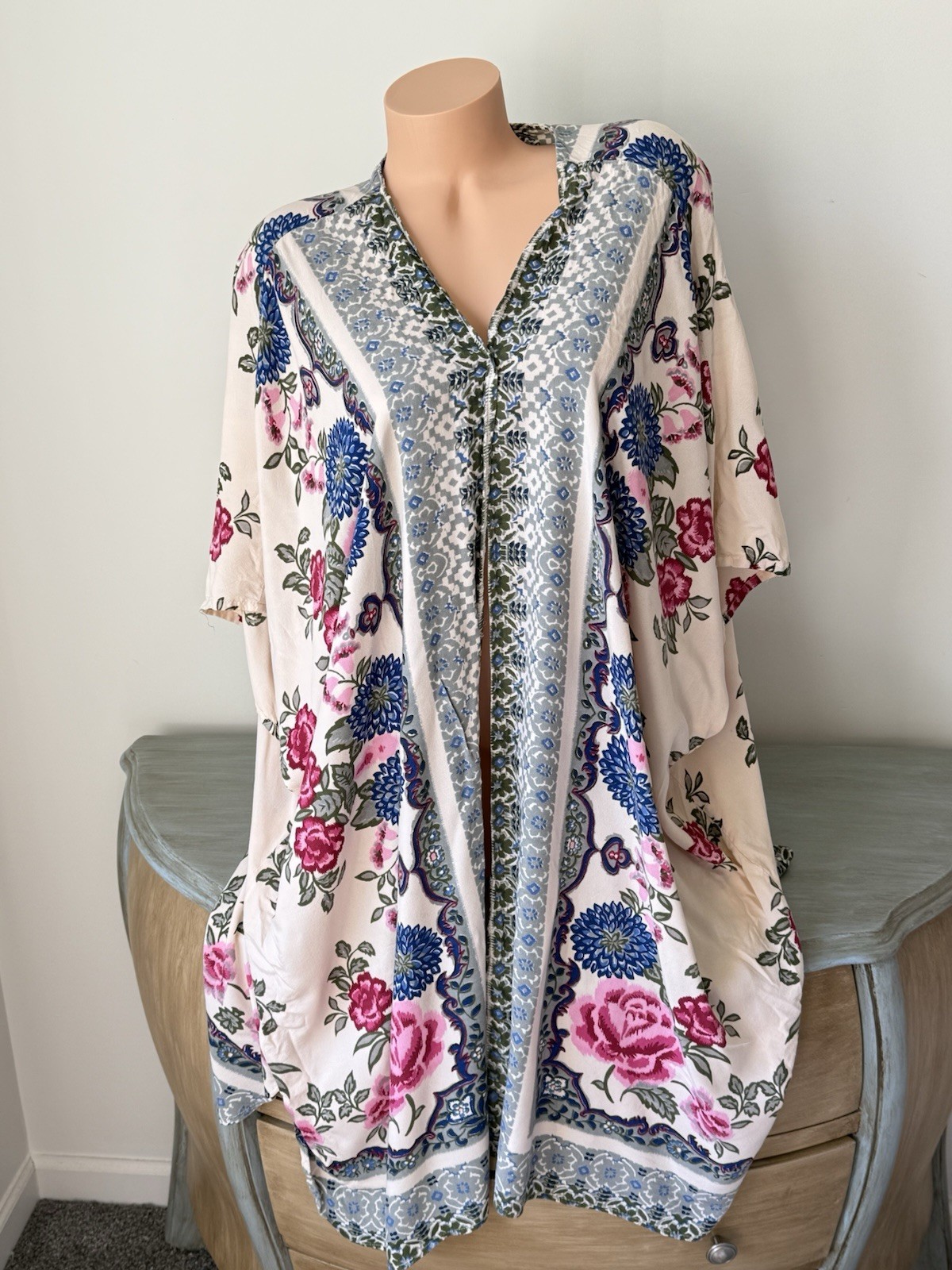Angie Boho Open Kimono Duster Top Plus 1X 2X 3X Floral Granola Cottage Rayon