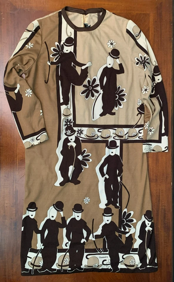 Vintage 60s Cassandra Charlie Chaplin All Over Design Dress - Sz 16, Brown Beige - Image 4 of 4