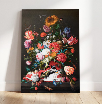 Sneakers und gemalte Blumen Leinwand-Bild, Acrylglas, Poster. Wandbild Kunst