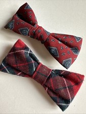 2 Vtg Kids Clip On Bow Tie Royal Rust Resistant Red Plaid Diamond