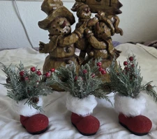 3 Vintage Christmas Beaded Santa Claus Boots Red Berries Pine Sprigs White Fur