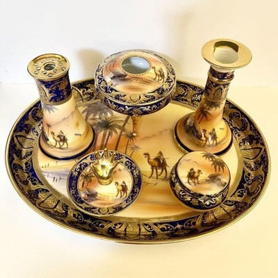 Noritake Man On Camel Table Set 6 Pieces Cobalt Gold Antique Porcelain 1910s