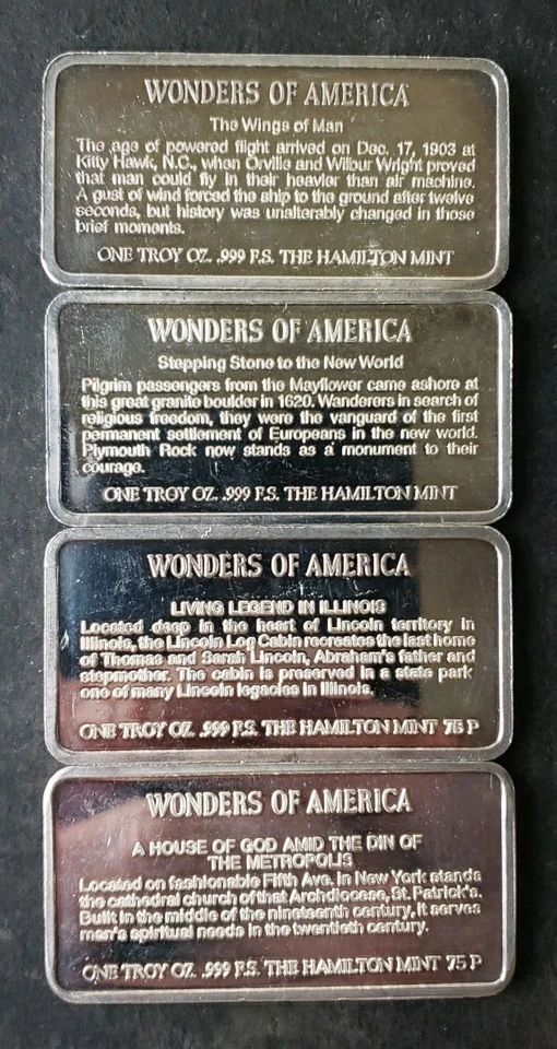 Lot of Four Hamilton Mint 1oz Silver Wonders of America Bars - Image 2 of 3