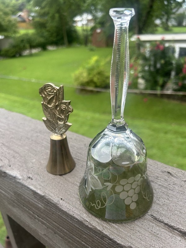 Fenton, grape pattern Bell and brass bell. Both Missing Bell Knockers