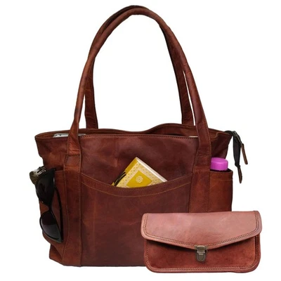 MADOSH Women Shoulder Tote Bag With Wallet Genuine Leather Office Purse Brown Handbag