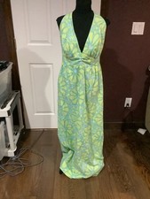 vtg lata 70. Flower power zielona niebieska halter głęboki plunge maxi sukienka boho M-L