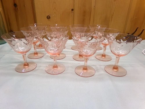 Set Of 12 Pink Depression Glass  Wine Glasses 4.5 Inches Tall