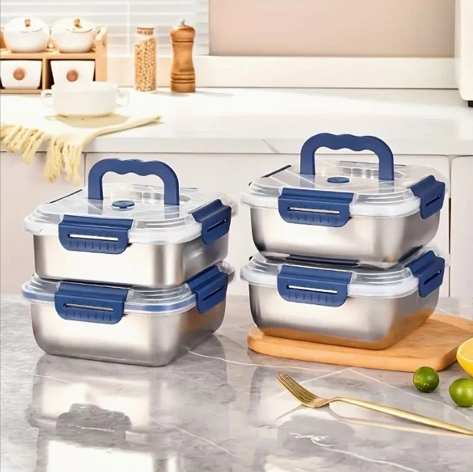 Stainless Steel Food Storage Container with Blue Lid 4-pcs
