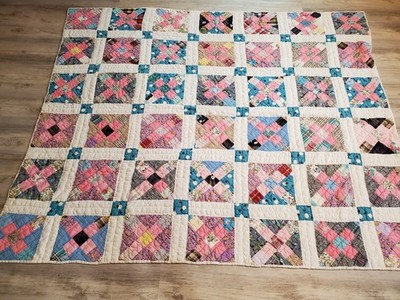 Vintage Patchwork Quilt Crossroads 74''×62'' Handmade Pink Blue