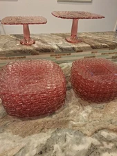 L. E. SMITH, PINK TRELLIS DISHES, RARE FULL SET PLUS 2 DESSERT STANDS
