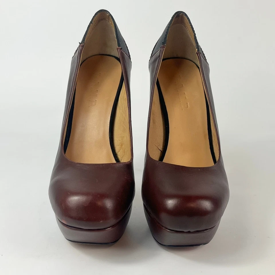 LAMB Womens 7M High Heel Platform Pump Maroom Burgundy Leather 5.25" Dress Shoes - Imagem 2 de 4