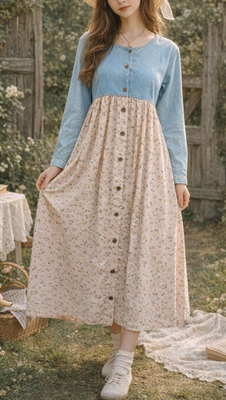 #ad Vtg 90s Express Prairie Dress Denim Bodice Floral Maxi Cottagecore Coquette M $61.74