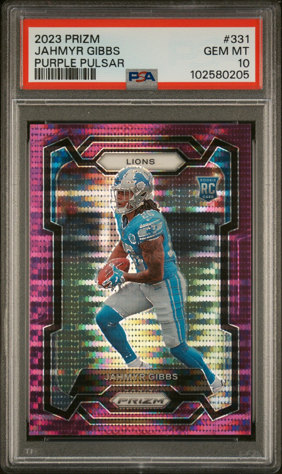 2023 PANINI PRIZM PURPLE PULSAR #331 JAHMYR GIBBS PSA 10