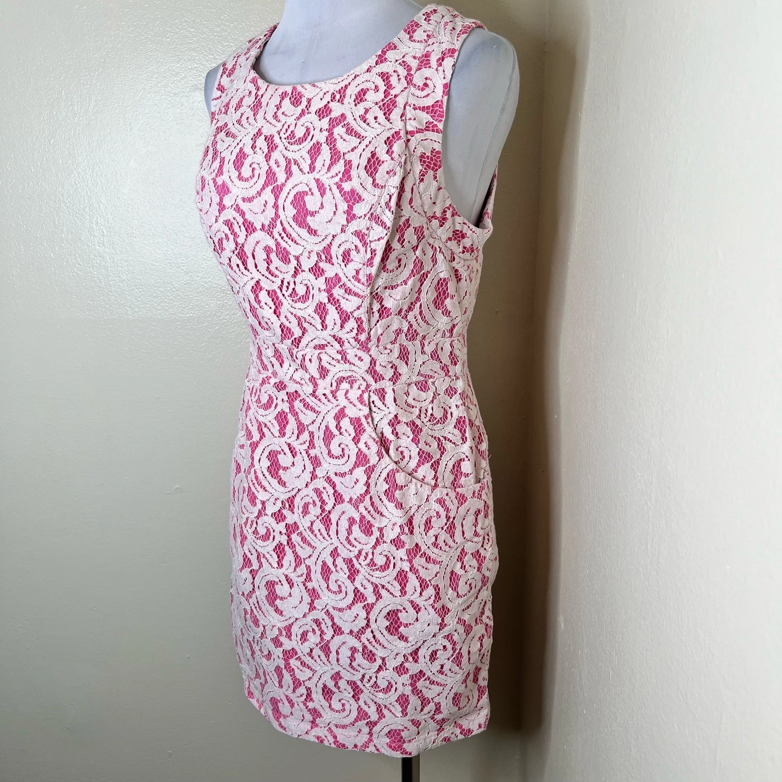 VALENTINO Abito tubino TART con tasche GRANDE rosa bianco pizzo mini cocktail cotone coquette