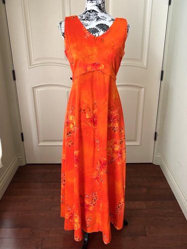 Vintage 60s 70's Orange Hawaiian Hibiscus Flower Print Dress Empire Waist Sz M