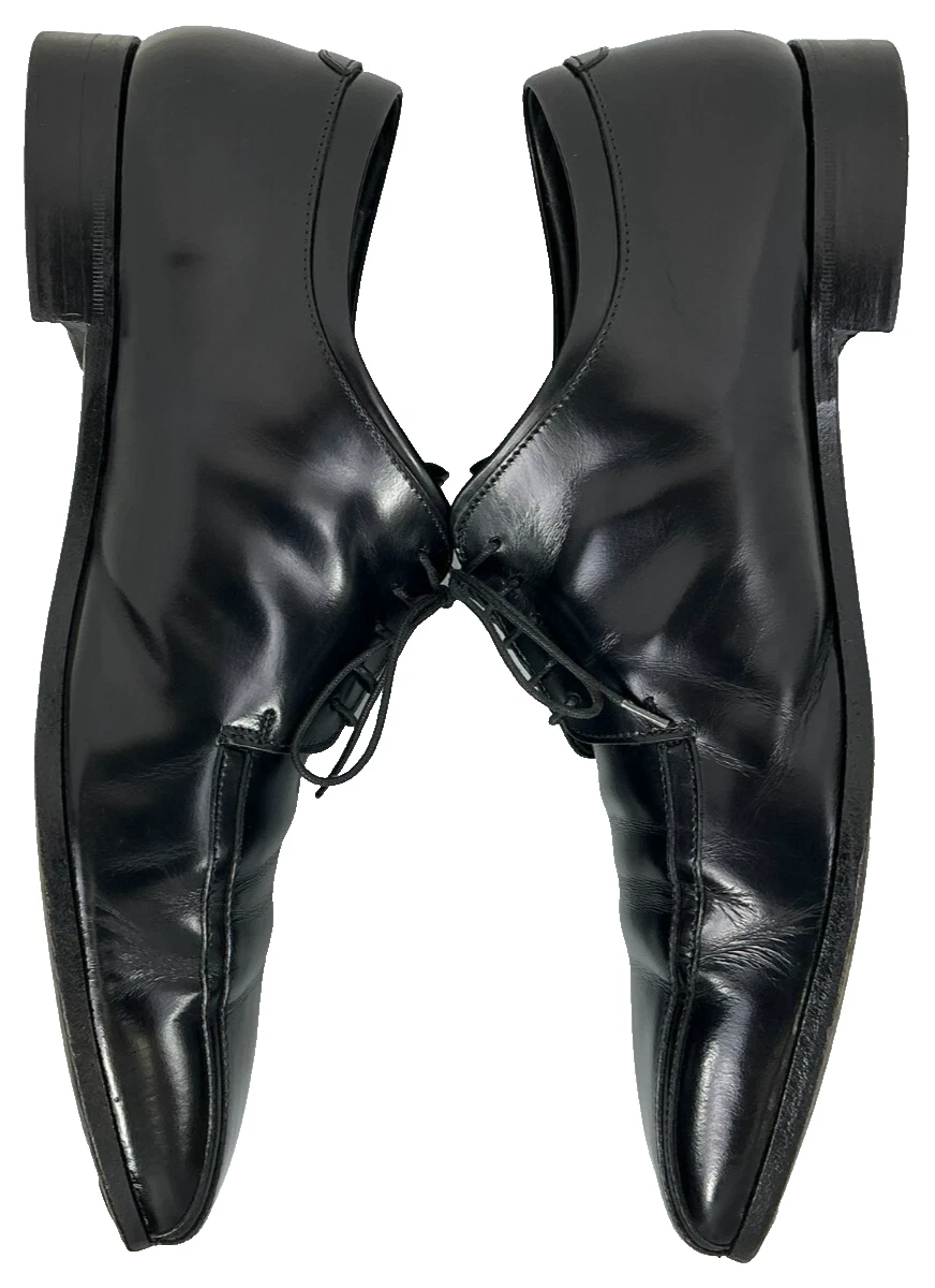 VINTAGE PRADA PELLE NERA SPAZZOLATO PUNTA QUADRATA STRINGATA DERBY TAGLIA 11UK #30