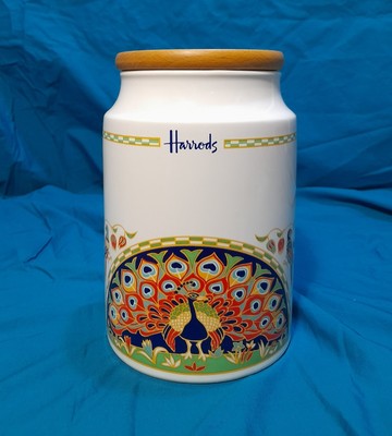 Grande barattolo Harrod's, porcellana bianca e coperchio di legno con di pavoni