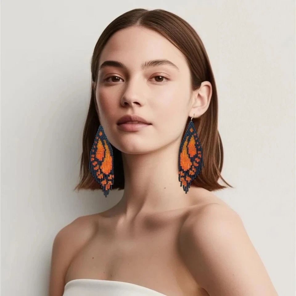 Orange Butterfly Beaded Fringe Earrings, Ombre Boho Dangle | Handmade Hippie - Image 2 of 4