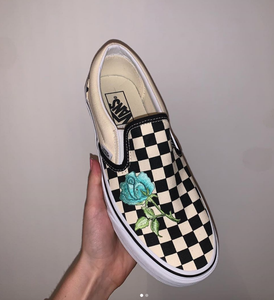 teal checkerboard slip on vans