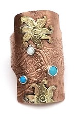 Adjustable Copper Patterned Ring With Brass Floral Decals, Turquoise Citrine