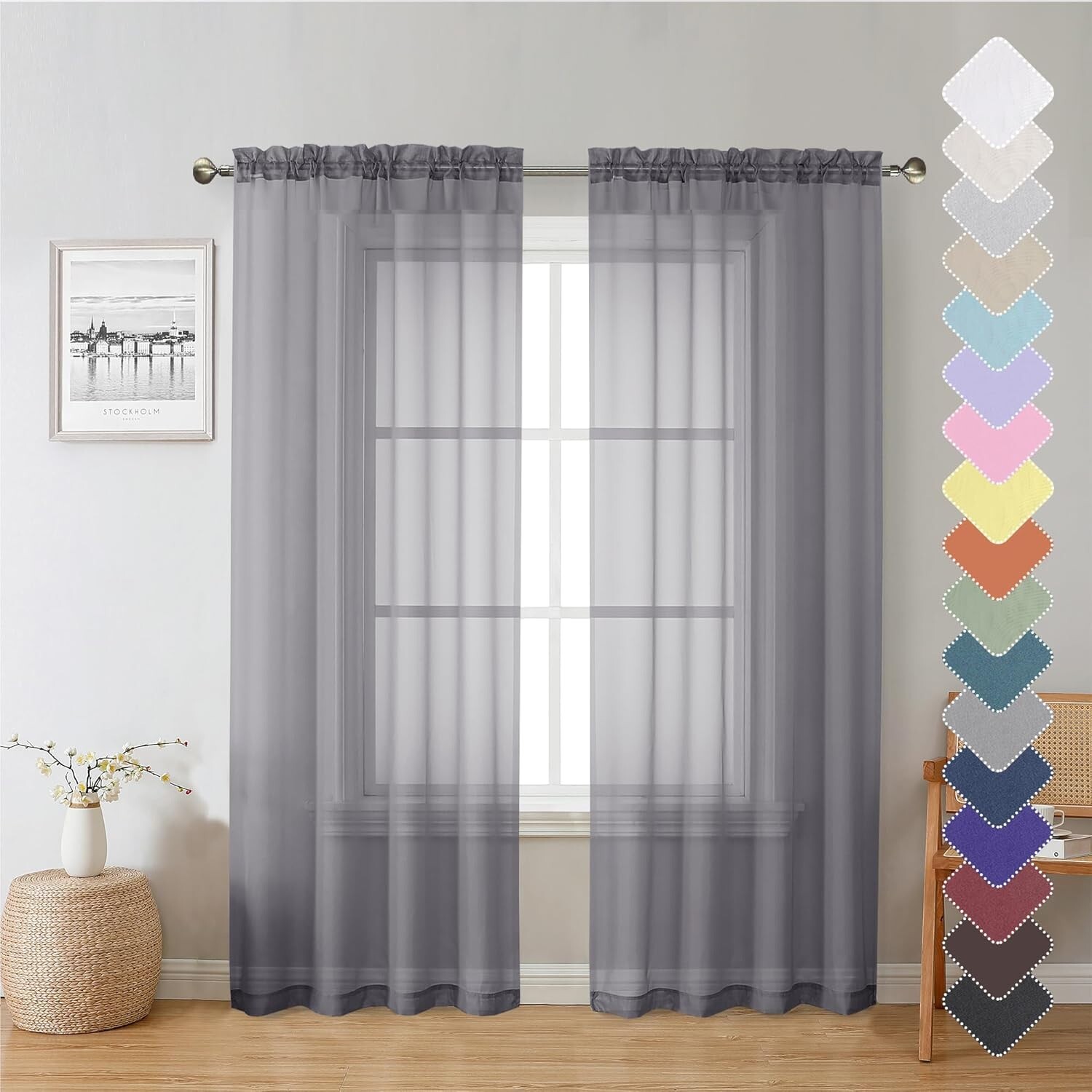 Charcoal Grey Sheer Curtains - 84” Long