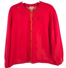 SIGRID OLSEN SILK RABBIT HAIR Blend Cardigan Sweater Silk Lined Applique Size XL