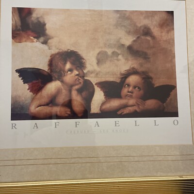 cherubs Les Anges Raphael Santi Sistine Modonna Glass Gold Frame Size 31.5x25.5