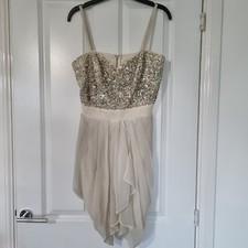 LIPSY VIP CREAM EMBELLISH GOLD SILVER SEQUIN BEAD SWEETHEART SHEER DRAPED DRESS