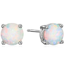 925 Sterling Silver Round Cut Simulated Opal Birthstone Solitaire Stud Earrings