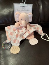 Modern Baby Snuggle Blankie Elephant Teether Rattle White, Rose Coral