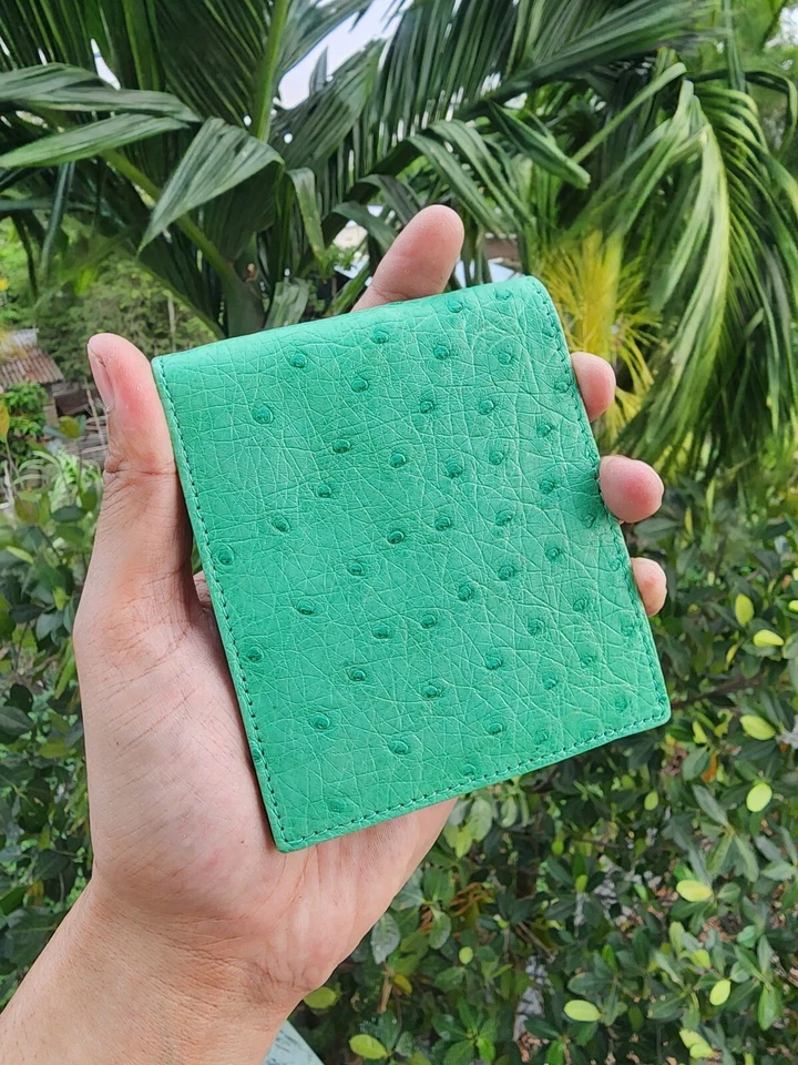 Green 100% Genuine Ostrich Body Leather Skin Men's Bifold Wallets,Handmade - Image 2 of 4