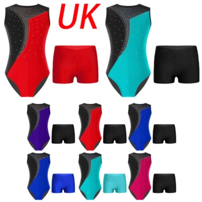 UK Girls Sleeveless Sparkle Gymnastics Leotard +Shorts 2Pcs Dance Unitard Outfit