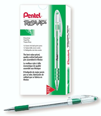 BK90-D Pentel RSVP Ball-Point Stick Pen, 0.7mm Fine Tip, Green, Pack of 12