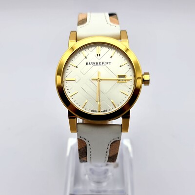 NEU ORIGINAL BURBERRY BU9110 THE CITY GOLD & WEISS LEDERARMBAND DAMENUHR