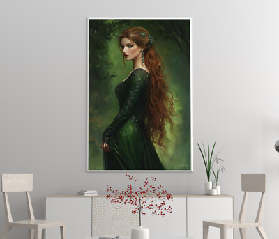 Attractive Woman In Green Dress Oil Painting Wall Art Print Printed On ...