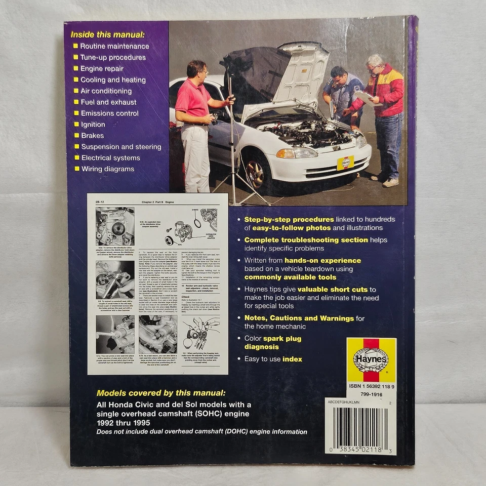 Haynes Honda Civic & del Sol 1992-1995 Car Automotive Repair Manual(42024) VTG - Image 2 of 2