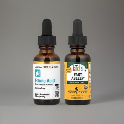 California Gold Nutrition Folinsäure + Kids Fast Asleep, alkoholfrei, 30ml+30ml