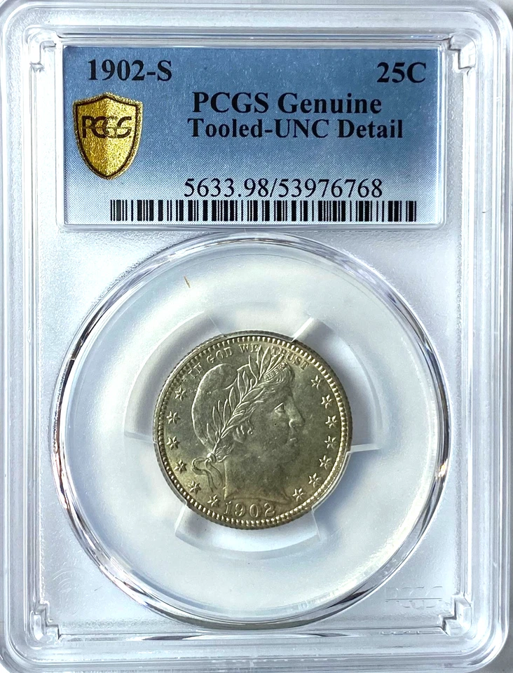 Cuarto de dólar de plata barbero 1902 S 25c veinticinco centavos San Francisco PCGS sin circular