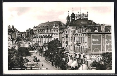 Plauen i.V., Ansichtskarte, Bahnhofstrasse mit Cafe Trömel 