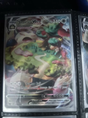 Pokémon TCG Snorlax VMAX Holo Ultra Rare Card Sword & Shield 142/202 damaged.