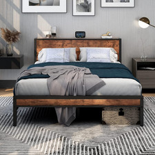 King Size Bed Frame with Storage Wooden Headboard, Metal Bed Frame Kingsize Bed