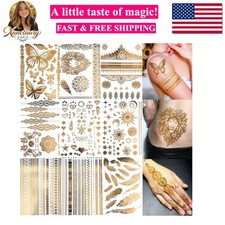 9 Sheets 110 Designs Flash Gold Temporary Tattoos Metallic For Women Adult, ...