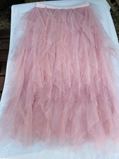 Pink Tulle Long Ruffle Tutu Skirt Women's Elastic Waist Lined Lightweight Small