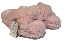 Womens Open Toe Slippers Pink Fuzzy Faux Fur Cushioned Size S 5/6 Spring Summer