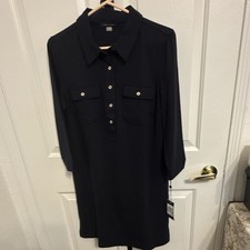 Tommy Hilfiger Navy Solid Shirt Dress Collared Pockets 3/4 Sleeve Knee 12