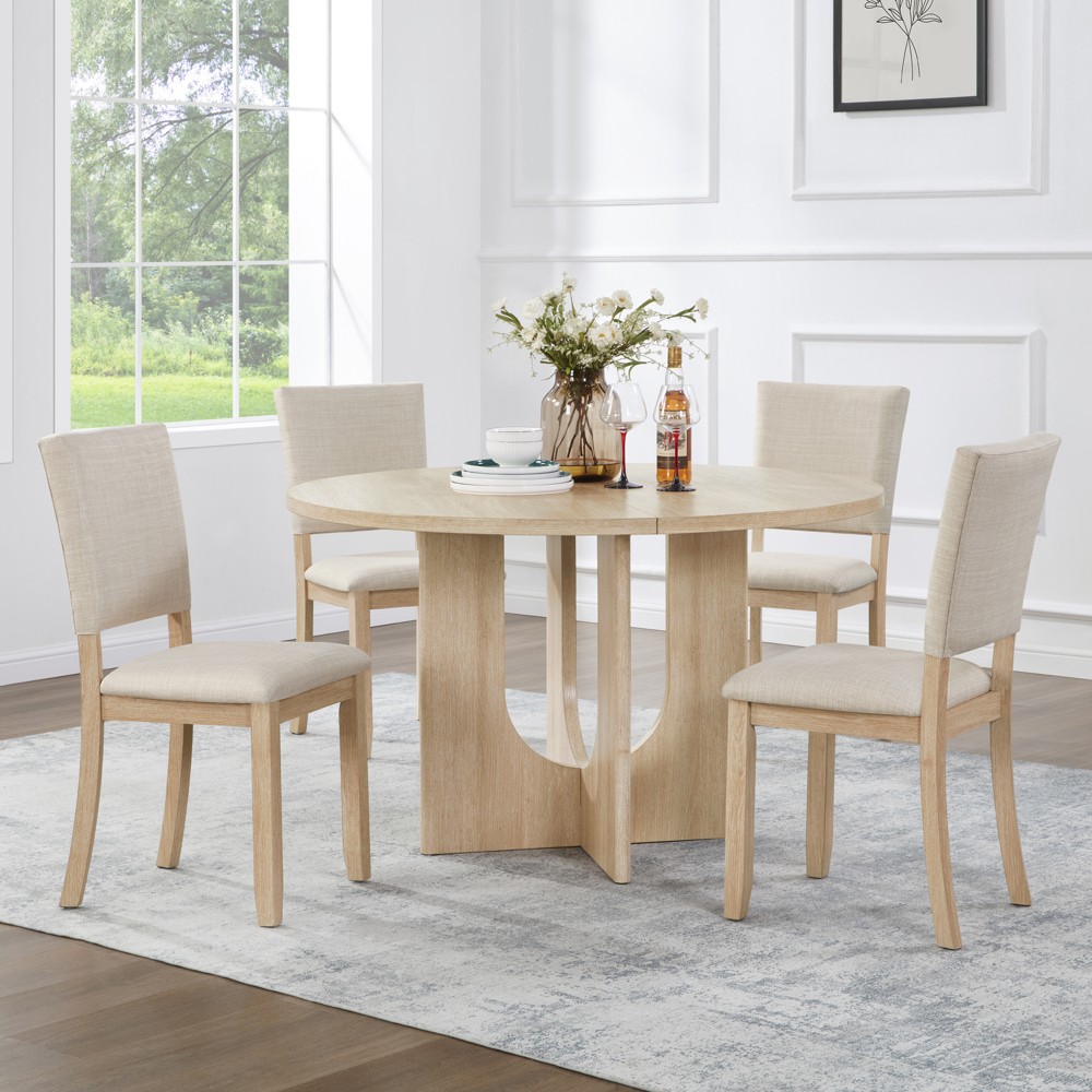 5-Pc Round Dining Table Set for 4 with Upholstered Chairs, Light Oak & Beige